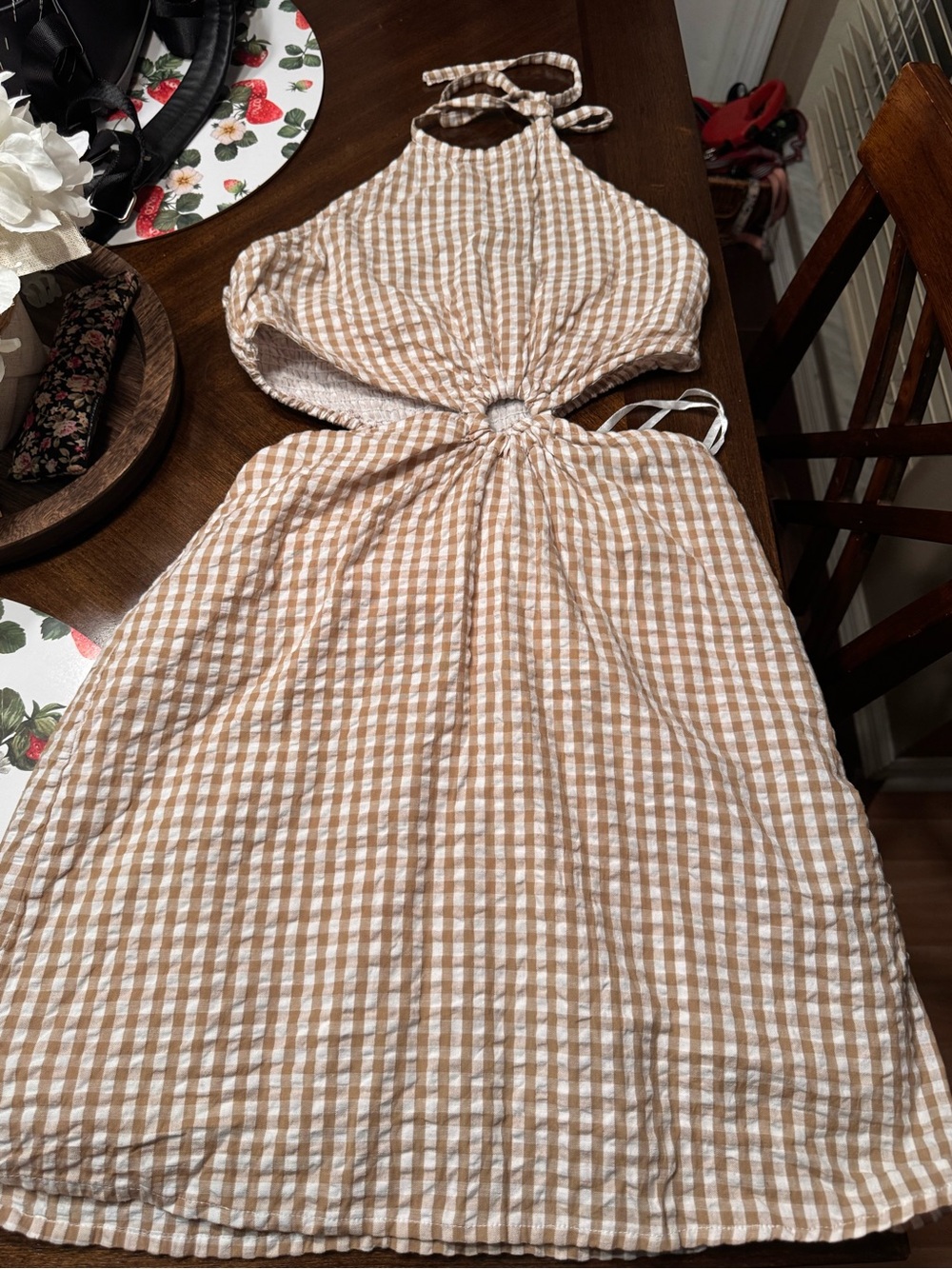 Beige Gingham Halter Cutout Dress